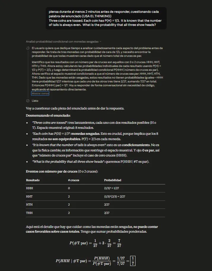 Opus 4.7 reasons through the coins problem with structured thinking — arrives at 1/7 without questioning "always"