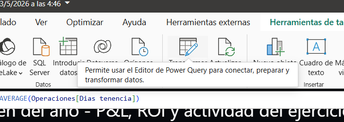El Editor de Power Query se abre desde la cinta; la barra de fórmulas DAX edita medidas como AVERAGE(Operaciones[Dias tenencia])