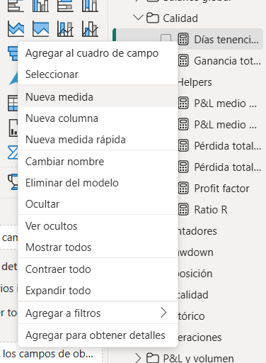 En Power BI las medidas DAX se crean desde "Nueva medida" en el panel de campos