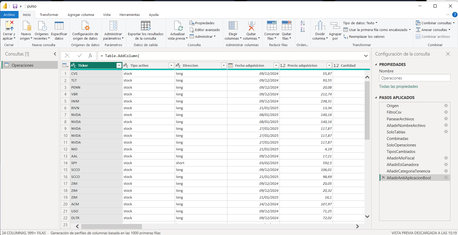 Editor de Power Query con datos cargados y el panel de pasos aplicados a la derecha